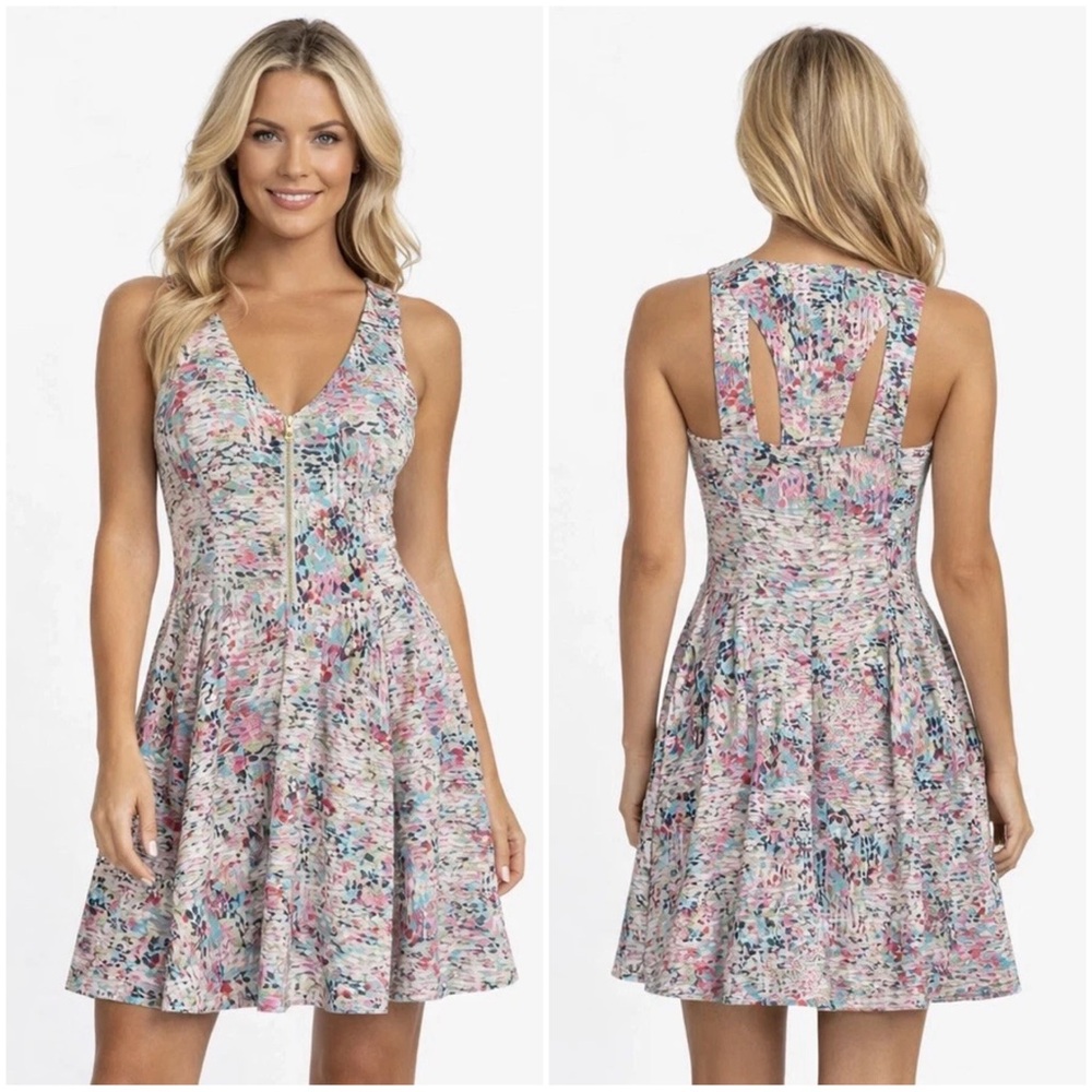 GUESS Digital Floral Zip-Front Fit and Flare Dress